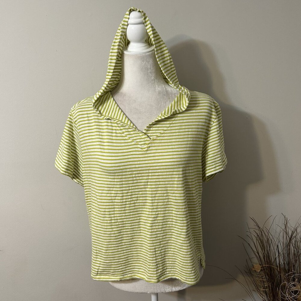 Reference Point Women Green Crop Striped Short Sleeve Hoodie Top Cotton Size XL